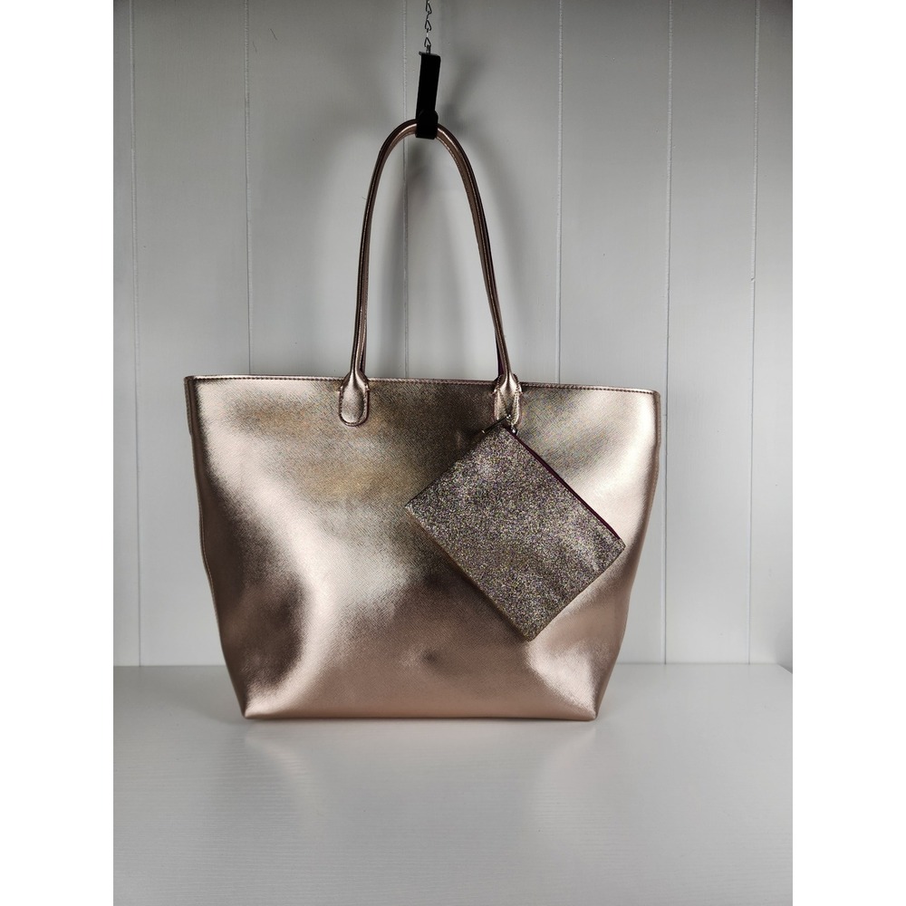 Bath and Body Works Rose Gold Metallic Tote Bag with Glitter Pouch NWT
